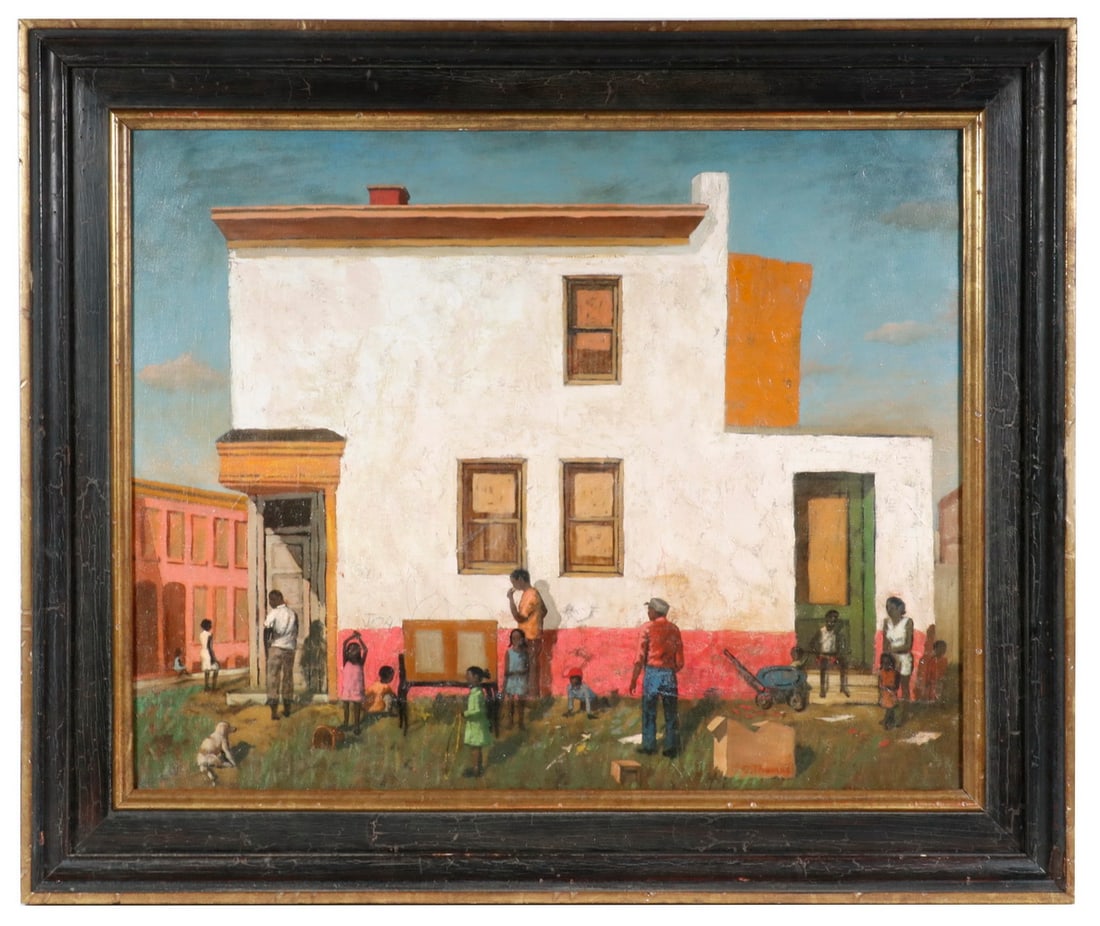 C. THOMAS INNER CITY OIL PAINTING: C. THOMAS INNER CITY OIL PAINTING "The Playground", depicting African-American adults and children in a yard next to walk-up apartment building, signed and titled on the stretcher, in gold and black