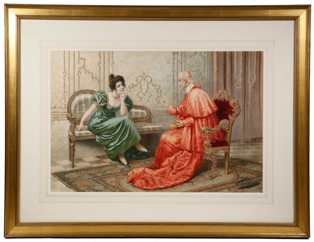 GIUSEPPE AURELI (ITALY, 1858-1929): GIUSEPPE AURELI (ITALY, 1858-1929) Cardinal And Lady Gossiping, watercolor. Signed lower right and marked 'Roma'. Right hand corners off. OS: 25 x 33 in. (63.5 x 83.8 cm.), SS: 15 1/4 x 23 in. (38.7