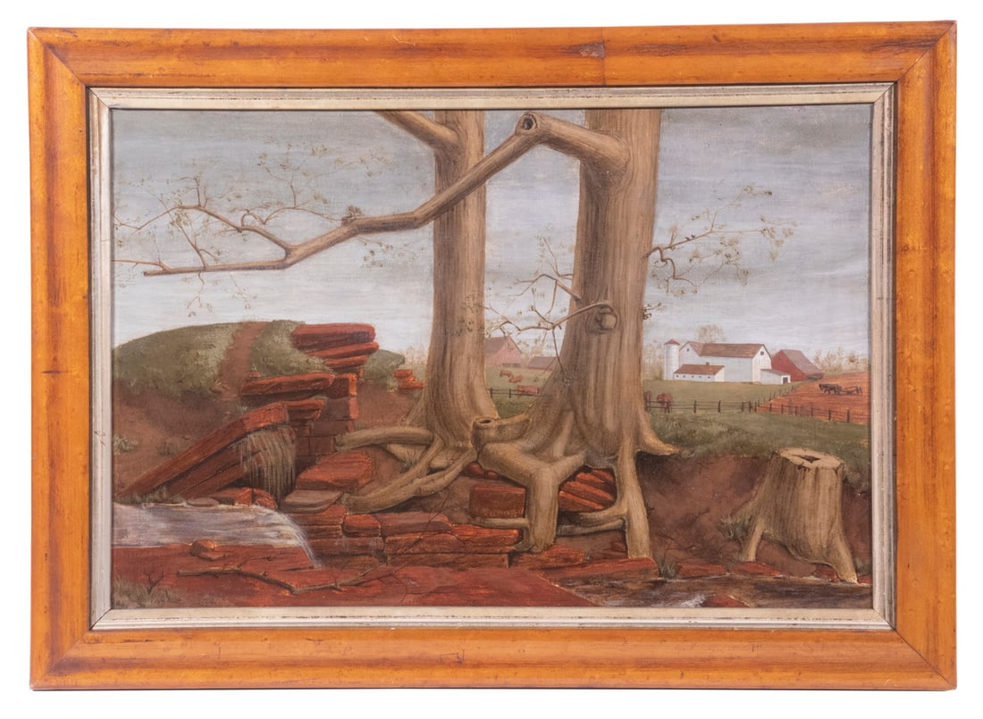 WILLIAM R. COWING (CT, 1920-1990): WILLIAM R. COWING (CT, 1920-1990) "Usurping Roots", oil and tempera on hardboard, depicting two trees on a farm having intertwined roots, undated label verso from "The New Haven Paint and Clay Club, I