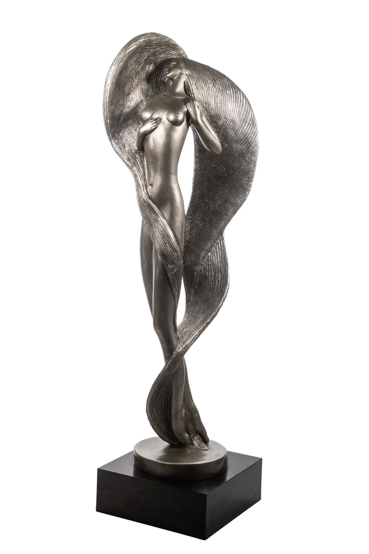 DAVID FISHER (US, 20TH C.), AUSTIN PRODUCTIONS SCULPTURE: DAVID FISHER (US, 20TH C.), AUSTIN PRODUCTIONS SCULPTURE Nude Woman with Flowing Hair, resin sculpture, impressed "Fisher" and "Austin Sculpture, 1987," mounted atop a black square acrylic base.