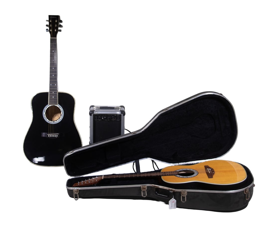 (2) ACOUSTIC GUITARS & SMALL AMP: (2) ACOUSTIC GUITARS & SMALL AMP Ovation Celebrity CC15 12-string, made in Korea, serial no. 173973, with original hardshell case; and Esteban AL-100 6-string, made in China, with soft case and