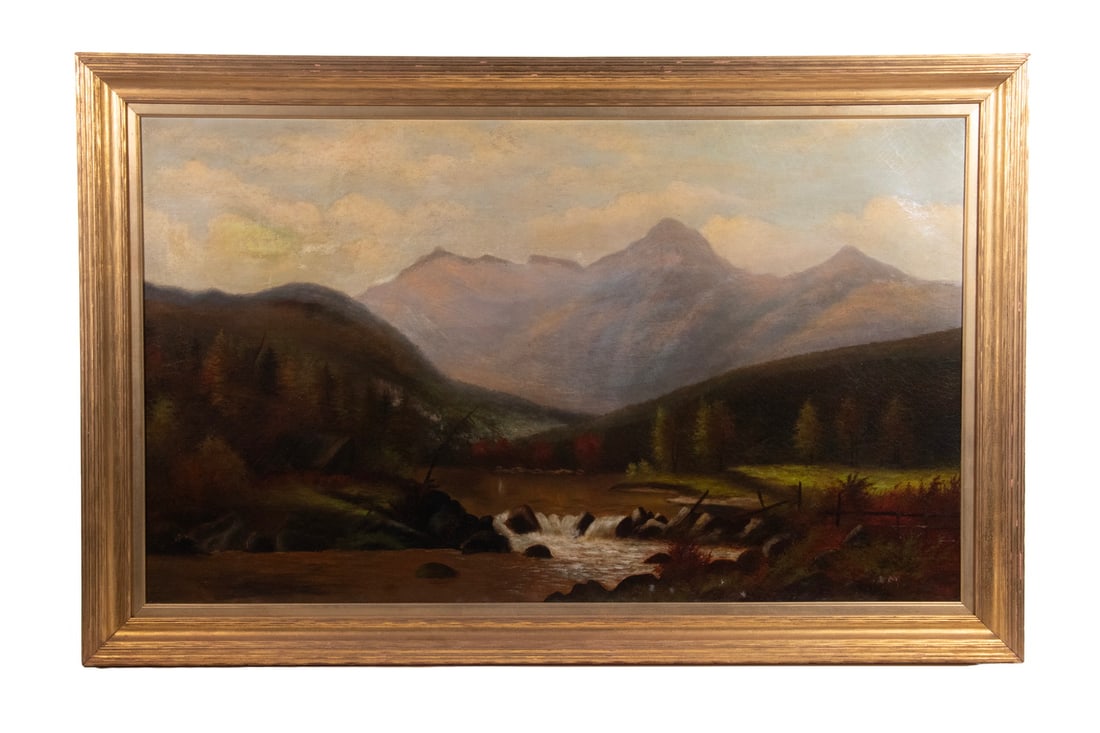 VIEW OF WHITE MOUNTAINS, NEW HAMPSHIRE: VIEW OF WHITE MOUNTAINS, NEW HAMPSHIRE View from Lonesome Lake, oil on canvas, unsigned, circa 1880. In gilt molded cove frame. Repaired puncture. From the estate of Richard Plunkett. OS: 25 1/2 x 39