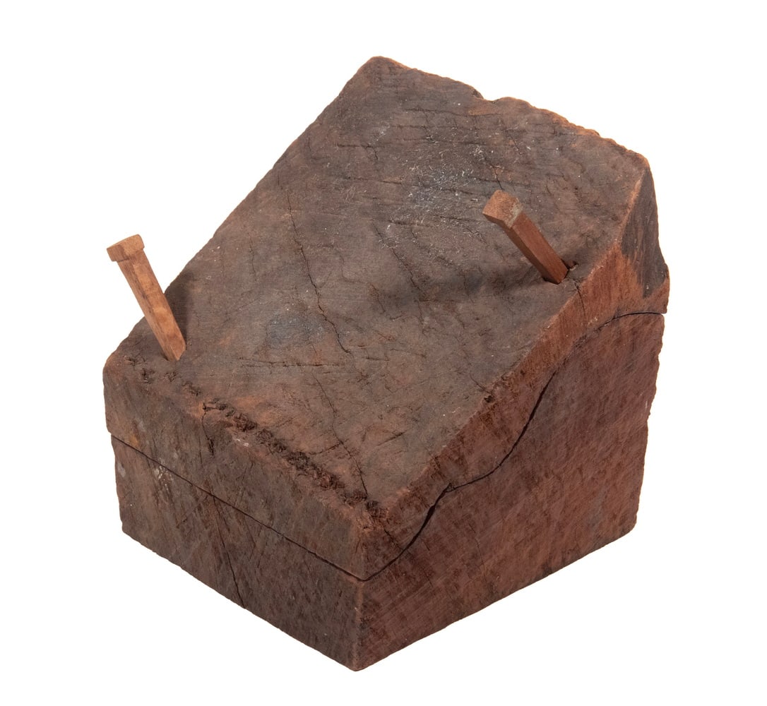 CUSTOM JEWELRY BOX FROM BLOCK OF BURL WOOD: CUSTOM JEWELRY BOX FROM BLOCK OF BURL WOOD Slant Top Box with rough sawn surface, two wooden spikes holding on the lid with polished undulating interior and conforming circular internal lid