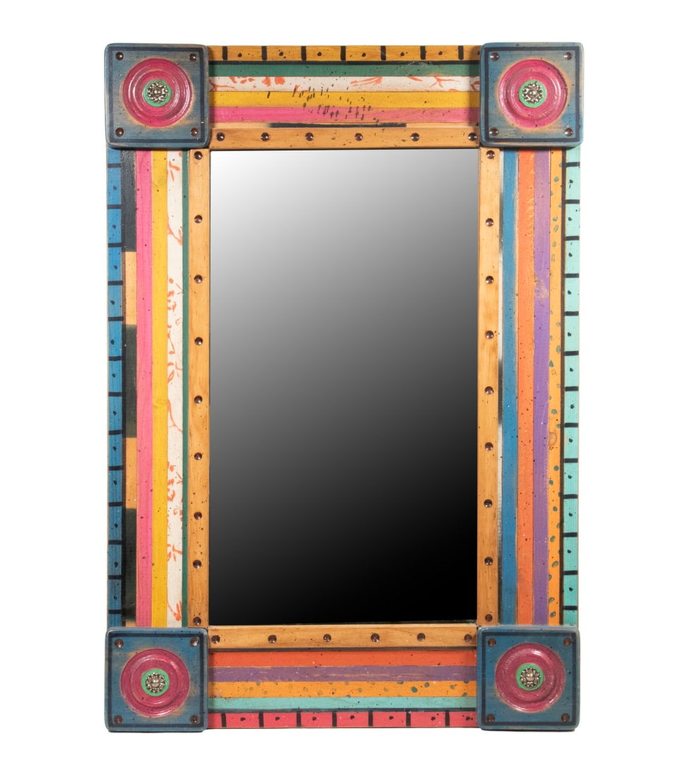 SHOESTRING CREATIONS FOLK ART PAINTED MIRROR: SHOESTRING CREATIONS FOLK ART PAINTED MIRROR Custom Polychrome Painted Wall Mirror, by Shoestring Creations of Grandview, TX, with colorful painted edges and carved corner blocks; signed. Initialed