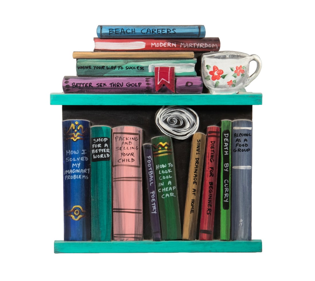 FOLK ART PAINTED KEY BOX: FOLK ART PAINTED KEY BOX Custom Bookshelf Design Wall Mounted Key Box, with hinged front door and magnetic latch, turquoise painted interior with twelve wooden key holders. Unsigned. OS: 16 1/2 x 15
