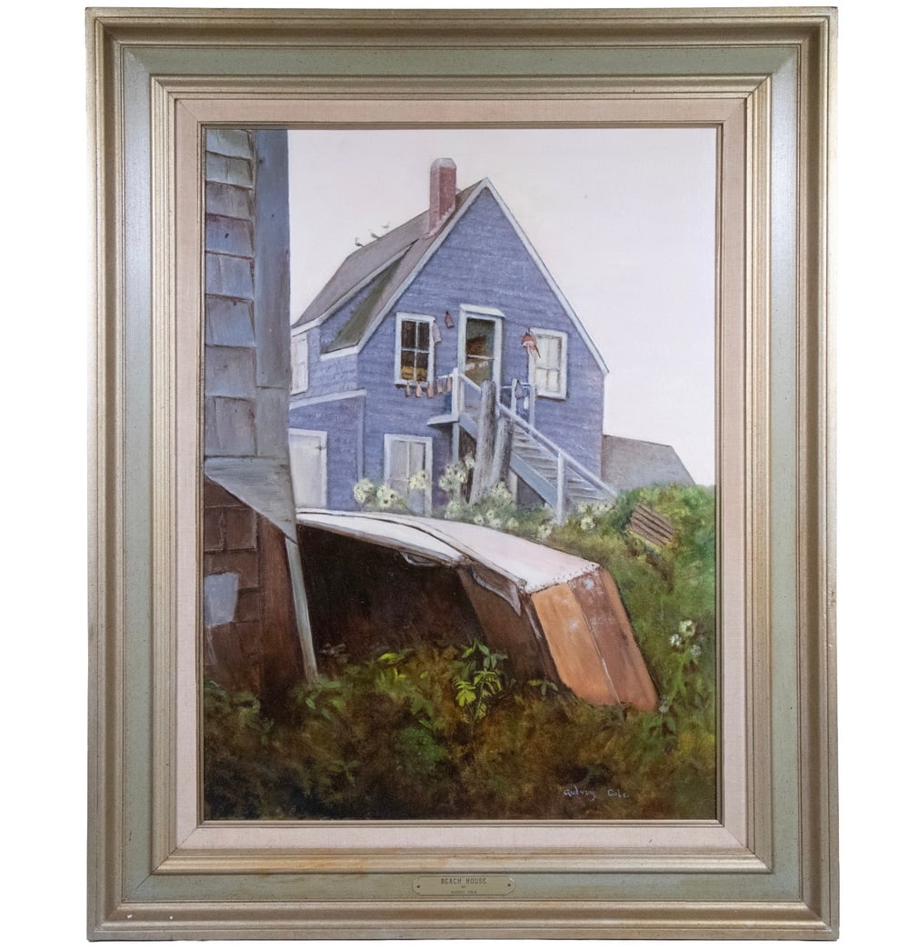 AUDREY COLE (20TH C. CANADA) COASTAL SCENE: AUDREY COLE (20TH C. CANADA) COASTAL SCENE "Beach House", oil on canvas, signed lower right, tag on frame with artist's name and title. In gray and gold molded frame, linen liner. From the estate of