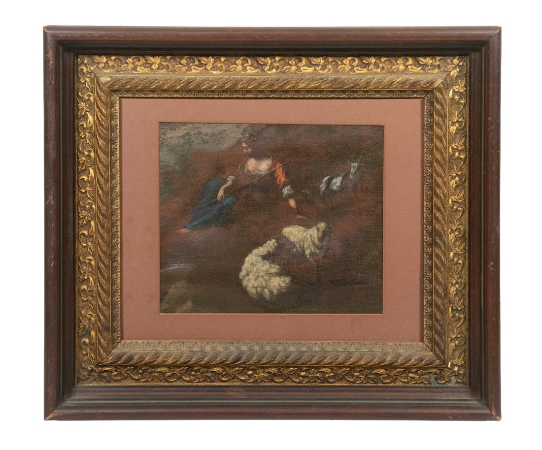 SHEPHERDESS WITH HER FLOCK, POSSIBLY 18TH OR EARLY 19TH CENTURY: SHEPHERDESS WITH HER FLOCK, POSSIBLY 18TH OR EARLY 19TH CENTURY A richly toned pastoral scene depicting a shepherdess seated beside her flock, including two reclining sheep and a goat. The