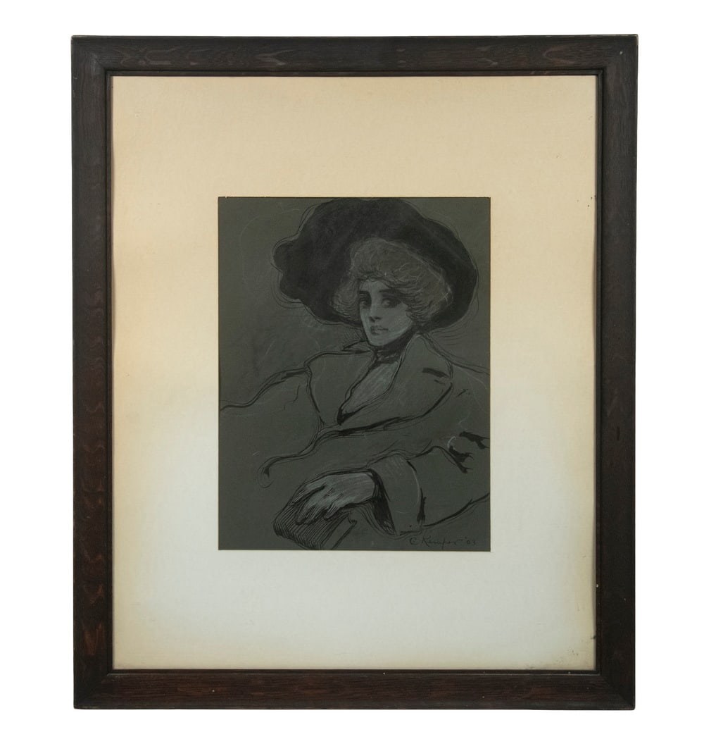 C. KEMPER PORTRAIT OF A LADY WITH BOOK: C. KEMPER PORTRAIT OF A LADY WITH BOOK The elegant female figure, rendered in flowing contour lines and soft tonal contrast. Ink and wash on toned paper, signed lower right and dated '03. Framed