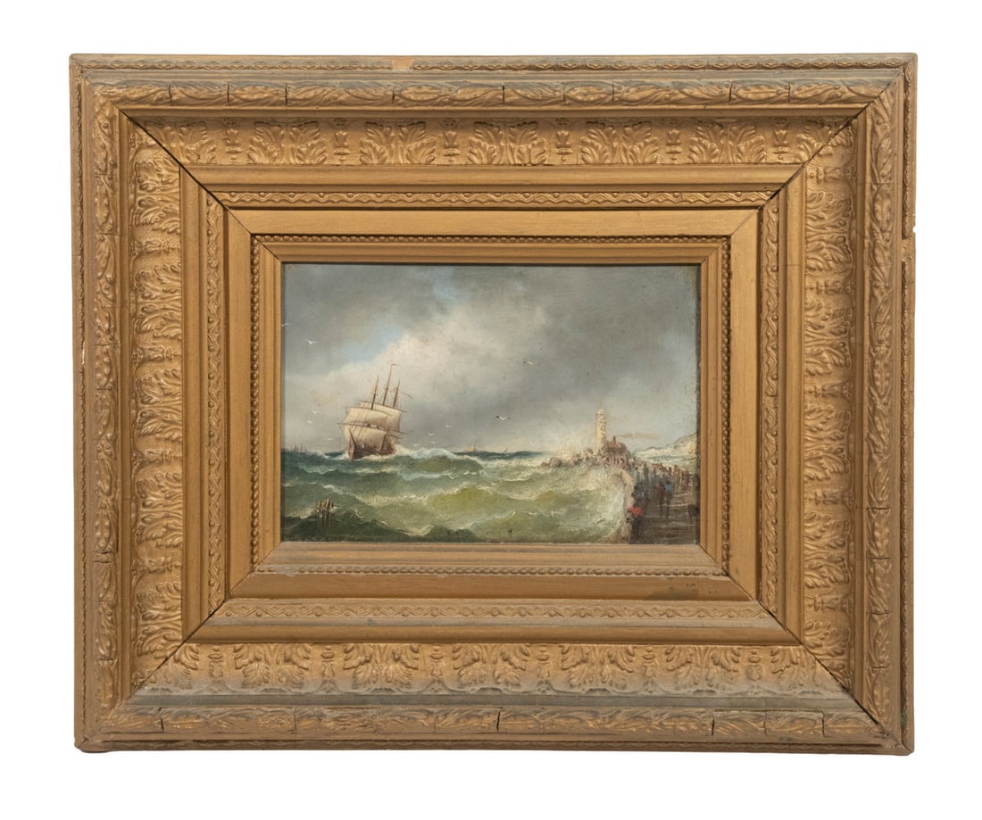 19TH C MARITIME SCENE WITH LIGHTHOUSE AND FIGURES, IN GILT FRAME: 19TH C MARITIME SCENE WITH LIGHTHOUSE AND FIGURES, IN GILT FRAME Depicting a stormy seascape with large waves crashing against a pier, a lighthouse in the distance, a ship approaching port, and