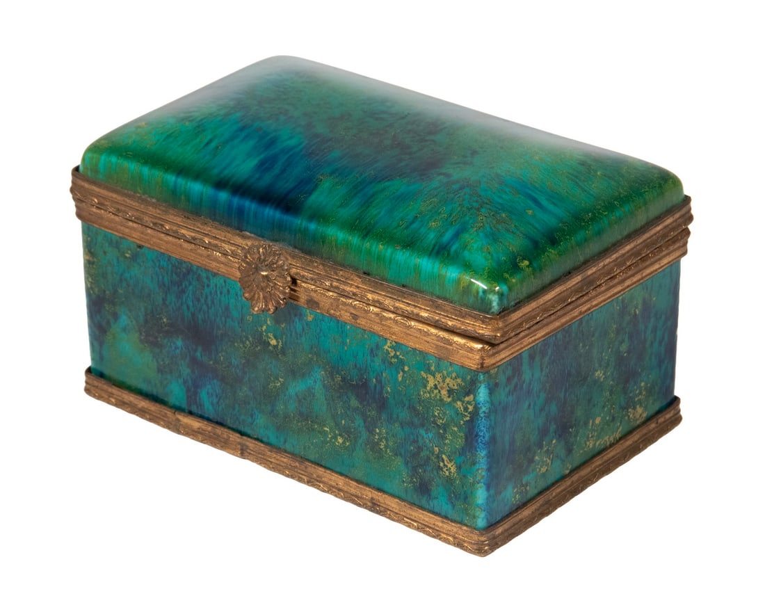 PAUL MILET SEVRES PORCELAIN DRESSER BOX: PAUL MILET SEVRES PORCELAIN DRESSER BOX Early 20th c. French Flambe Glazed Porcelain Trinket Box, designed by Paul Milet (1870-1950) and made in the Milet factory in Sevres, having a hinged lid,
