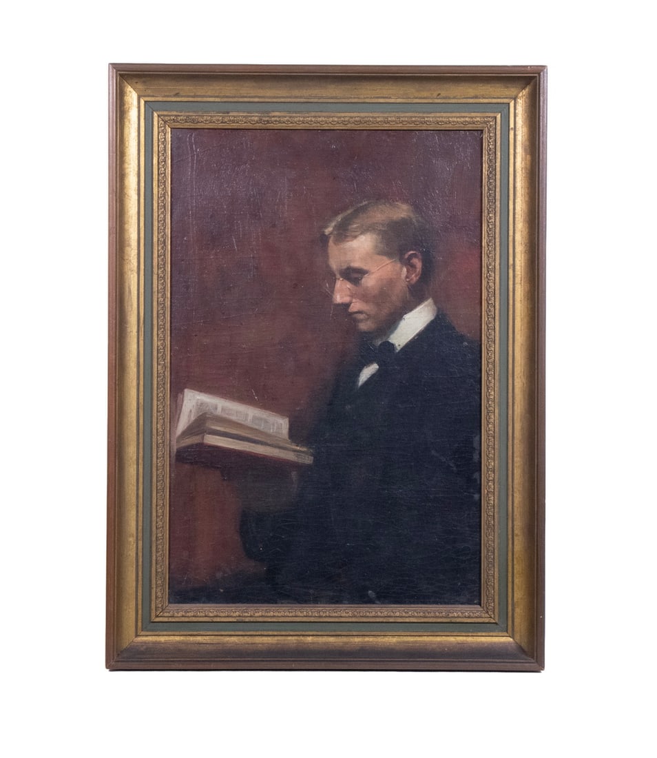 BOSTON SCHOOL PORTRAIT, CIRCA 1880: BOSTON SCHOOL PORTRAIT, CIRCA 1880 Young Man Reading in gold eyeglasses, waist length profile view, oil on canvas, unsigned, in gold molded cove frame with green band. From the estate of Richard