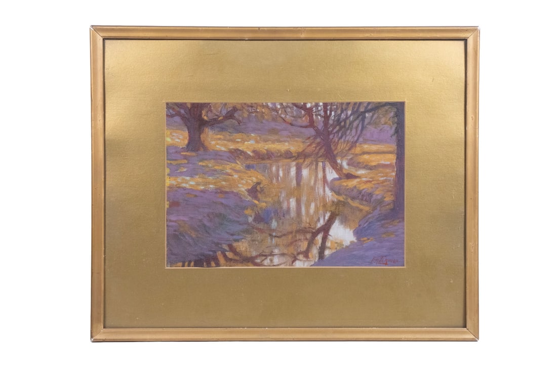UNIDENTIFIED MAINE ARTIST SIGNED (F.A. ECKMAN?): UNIDENTIFIED MAINE ARTIST SIGNED (F.A. ECKMAN?) Still Stream in Autumn, circa 1925, oil on canvas board, signed lower right. In gold stick frame, under gold mat and glass. From the estate of Richard