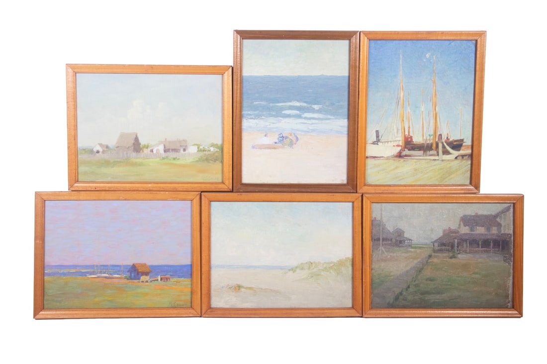(6) SMALL PAINTINGS OF MAINE, SIGNED: (6) SMALL PAINTINGS OF MAINE, SIGNED Coastal Scenes, circa 1925, oil on cardboard, only two are signed, and those illegibly (FA Eckman?). Inscription on back of two refer to "Thumb Sketch for study of