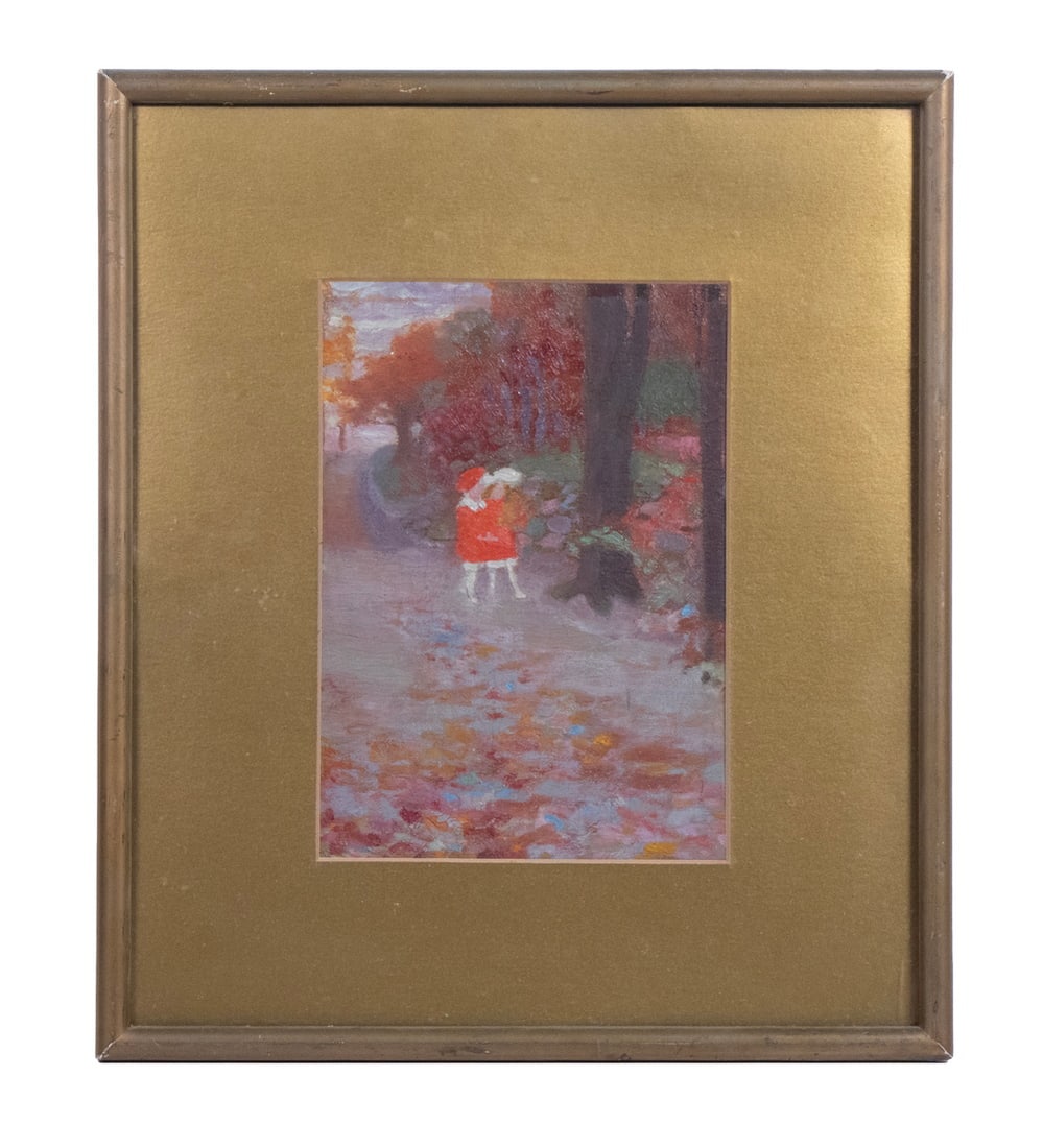 BOSTON SCHOOL DOMESTIC GENRE PAINTING: BOSTON SCHOOL DOMESTIC GENRE PAINTING Two Little Girls in Red Coats on woodland trail in autumn, oil on canvas, unsigned. In gold stick frame, under gold mat and glass. From the estate of Richard