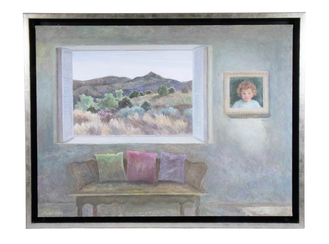MICHAEL HURD (NM/CA, 1946 -): MICHAEL HURD (NM/CA, 1946 - ) Landscape with Portrait, oil on canvas, signed lower left, in silver box frame with black shadowline. OS: 27 x 35 in. (68.6 x 88.9 cm.), SS: 24 x 32 in. (61 x 81.3 cm.)