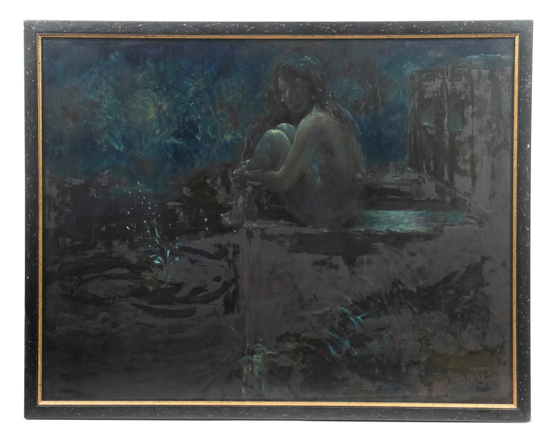 NOCTURNAL SCENE WITH NUDE: NOCTURNAL SCENE WITH NUDE Nude Woman by Stream at Night, mixed media on board, illegibly signed lower right (Clary?), under glass, in a distressed black-painted frame w/ gold liner. SS: 27 1/2 x 35