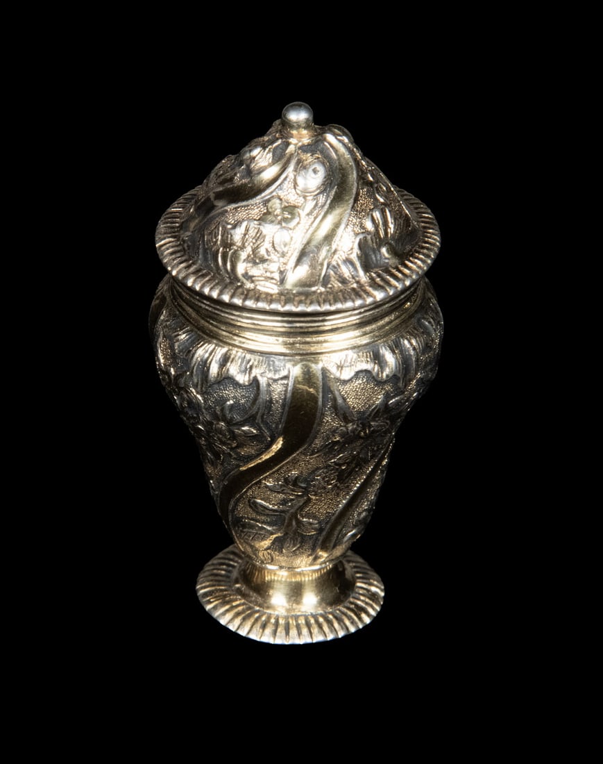 EARLY 19TH C. SWEDISH GILT SILVER SPICE BOX: EARLY 19TH C. SWEDISH GILT SILVER SPICE BOX 830-Silver Vinaigrette or Spice Container, with hinged lid, repousse swirled floral decoration to body and flared foot, with illegible maker's mark, city