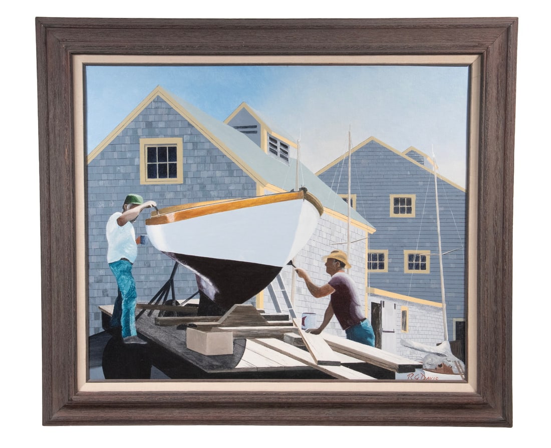 ROBERT G. DAVIS (CONTEMPORARY MAINE): ROBERT G. DAVIS (CONTEMPORARY MAINE) New Paint in Drydock, oil on canvas board, signed lower right. In walnut molded frame with linen liner. OS: 25 x 29 in. (63.5 x 73.7 cm.), SS: 19 1/2 x 23 1/2 in.