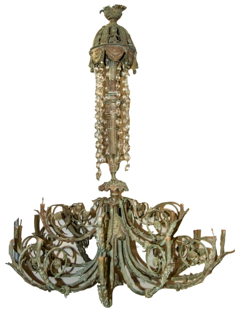 CAST BRONZE AND CRYSTAL VINTAGE CHANDELIER: CAST BRONZE AND CRYSTAL VINTAGE CHANDELIER (18) Stem French Bronze Chandelier, pre-electric, late 18th - early 19th c., with vine scrolled arms in two tiers of (12) and (6), fleurette bobeches, acorn 