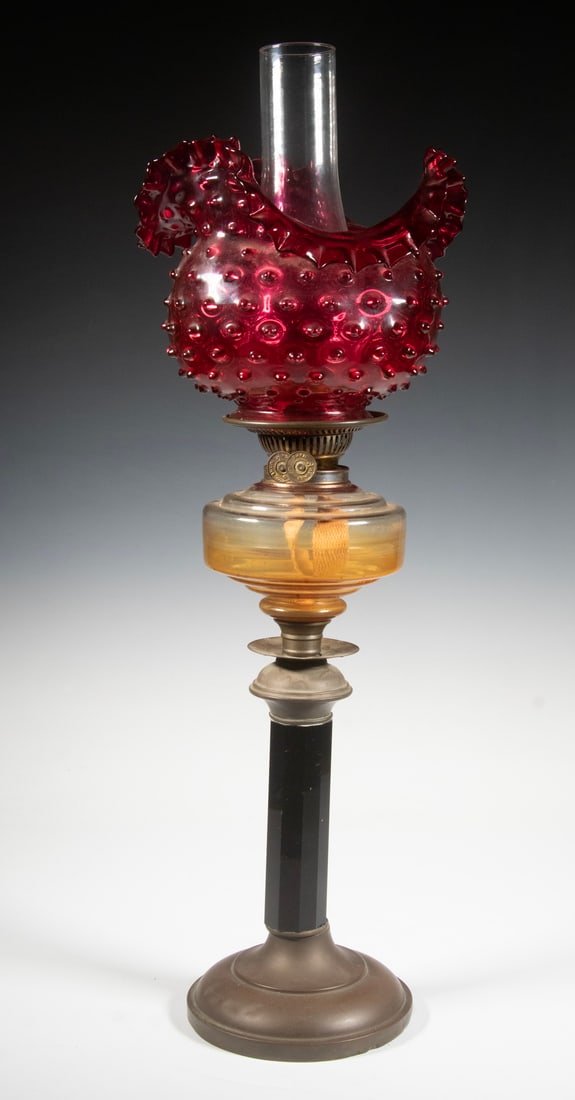 CIRCA 1870 BANQUET TABLE LAMP W/ HOBNAIL SHADE (1 of 2)