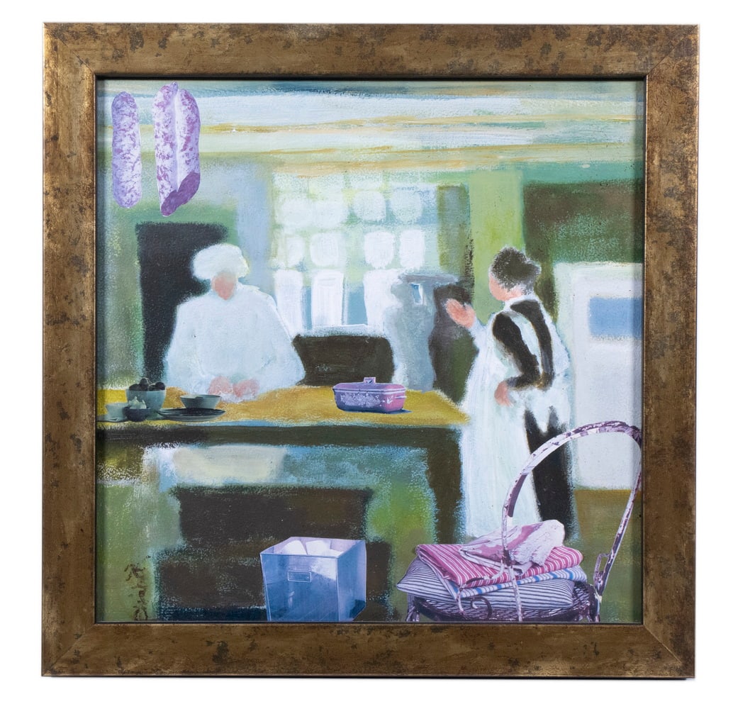 ELIZABETH SCOTT O'HAVERTY (CONTEMPORARY HOPE, MAINE): ELIZABETH SCOTT O'HAVERTY (CONTEMPORARY HOPE, MAINE) "Hotel Terminus: La Cuisine" (The Kitchen), 2002, acrylic and collage on panel, signed lower left, In gold box frame. OS: 12 1/2 x 12 1/2 in.