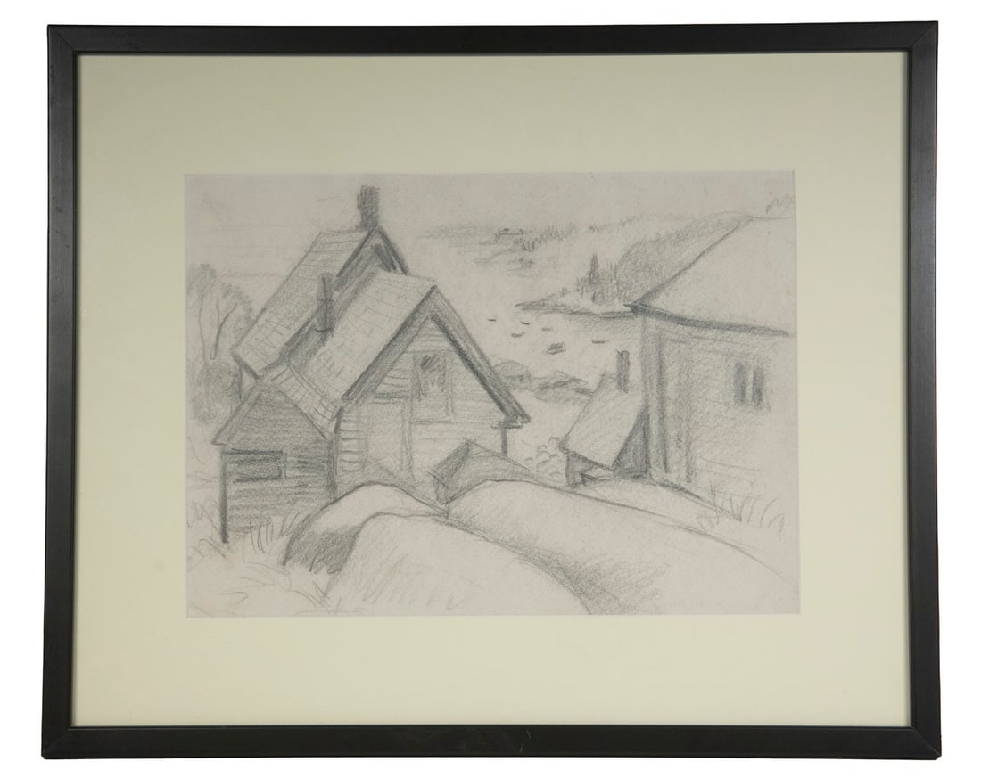 EMILY MUIR (ME/NY, 1904-2003): EMILY MUIR (ME/NY, 1904-2003) Fish Shacks, Monhegan, graphite on paper, unsigned. In narrow black box frame, matted under glass. OS: 14 x 17 in. (35.6 x 43.2 cm.), SS: 8 1/2 x 12 1/2 in. (21.6 x 31.8