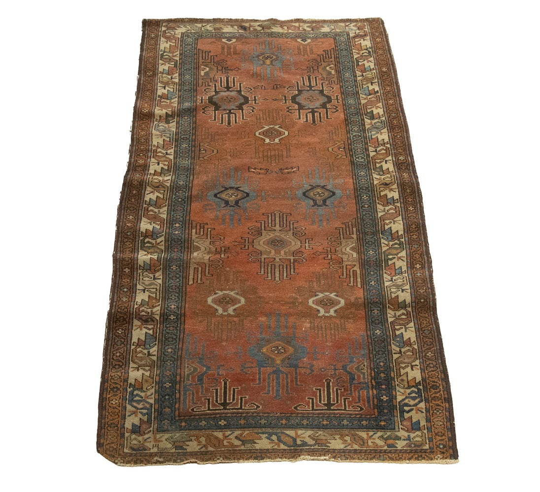 HAMADAN RUG (3' 6" X 6' 2"): HAMADAN RUG (3' 6" X 6' 2") Traditional pattern, in tans, dark and light blues and orange. Worn. Size: 75 x 42 in. (190.5 x 106.7 cm.)