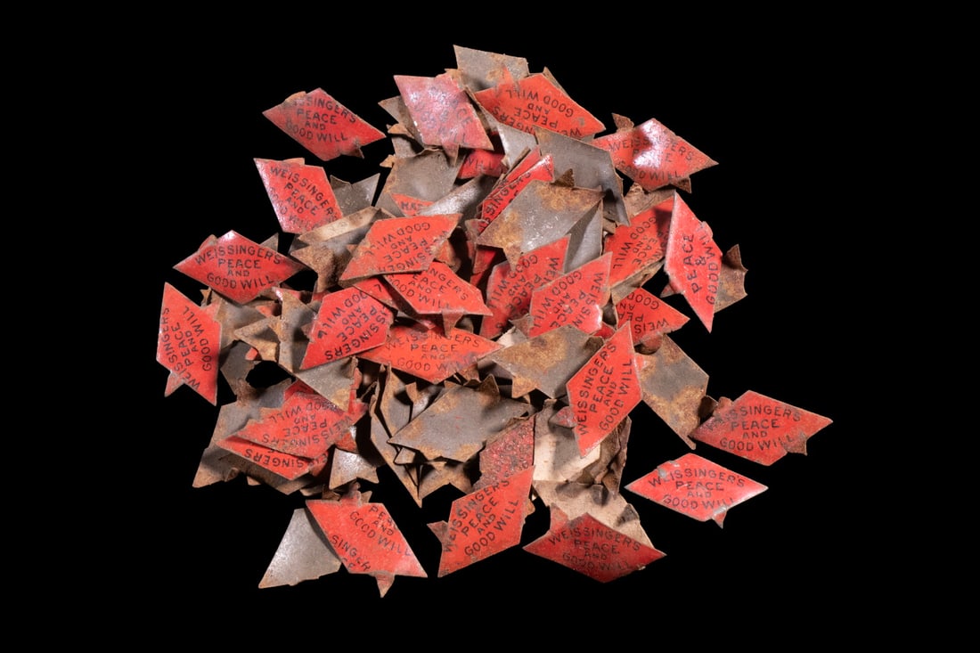 (91) ANTIQUE TIN TOBACCO TAGS, WEISSINGER S PEACE AND GOOD WILL: (91) ANTIQUE TIN TOBACCO TAGS, WEISSINGER S PEACE AND GOOD WILL A remarkable group of (91) pressed tin tobacco tags, each stamped WEISSINGER S PEACE AND GOOD WILL, produced by the Harry Weissinger