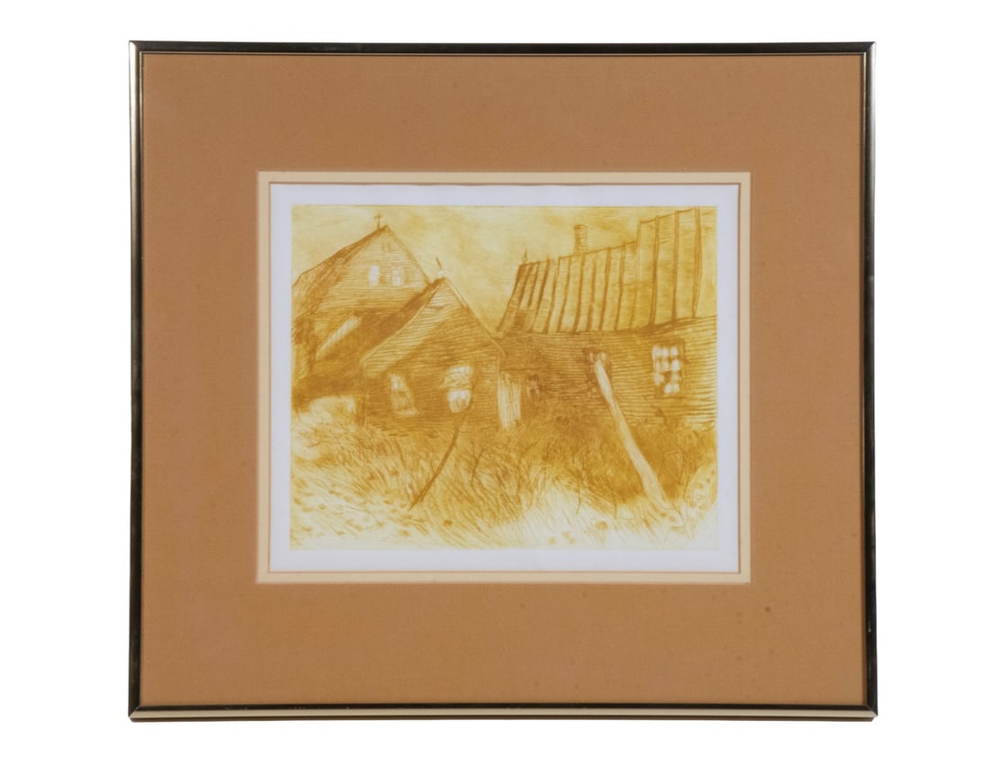 ANTHONY F. VAJS (ME, 1939-1979): ANTHONY F. VAJS (ME, 1939-1979) "Abandoned Farm", color etching, unsigned but with COA verso from Jane E. Vajs, in gold casement frame, matted under UV glass. OS: 15 x 17 in. (38.1 x 43.2 cm.), SS: 8