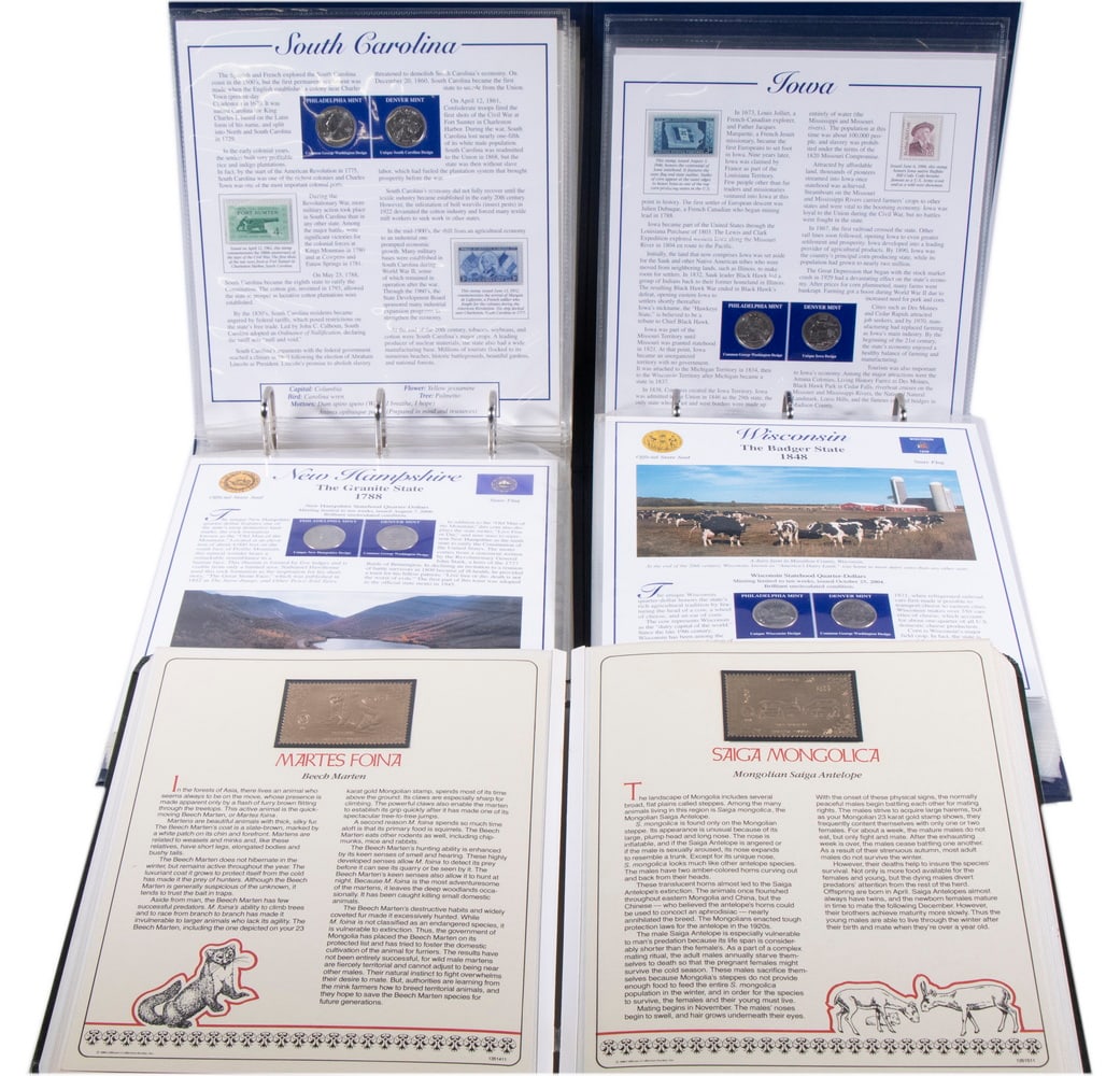 (2) BINDERS STATE QUARTERS & BINDER OF 23K GOLD ASIAN STAMPS: (2) BINDERS STATE QUARTERS & BINDER OF 23K GOLD ASIAN STAMPS Including: Postal Commemorative Society binder US State Quaters on presentation pages with history, first (25), Delaware to Arkansas; PLUS