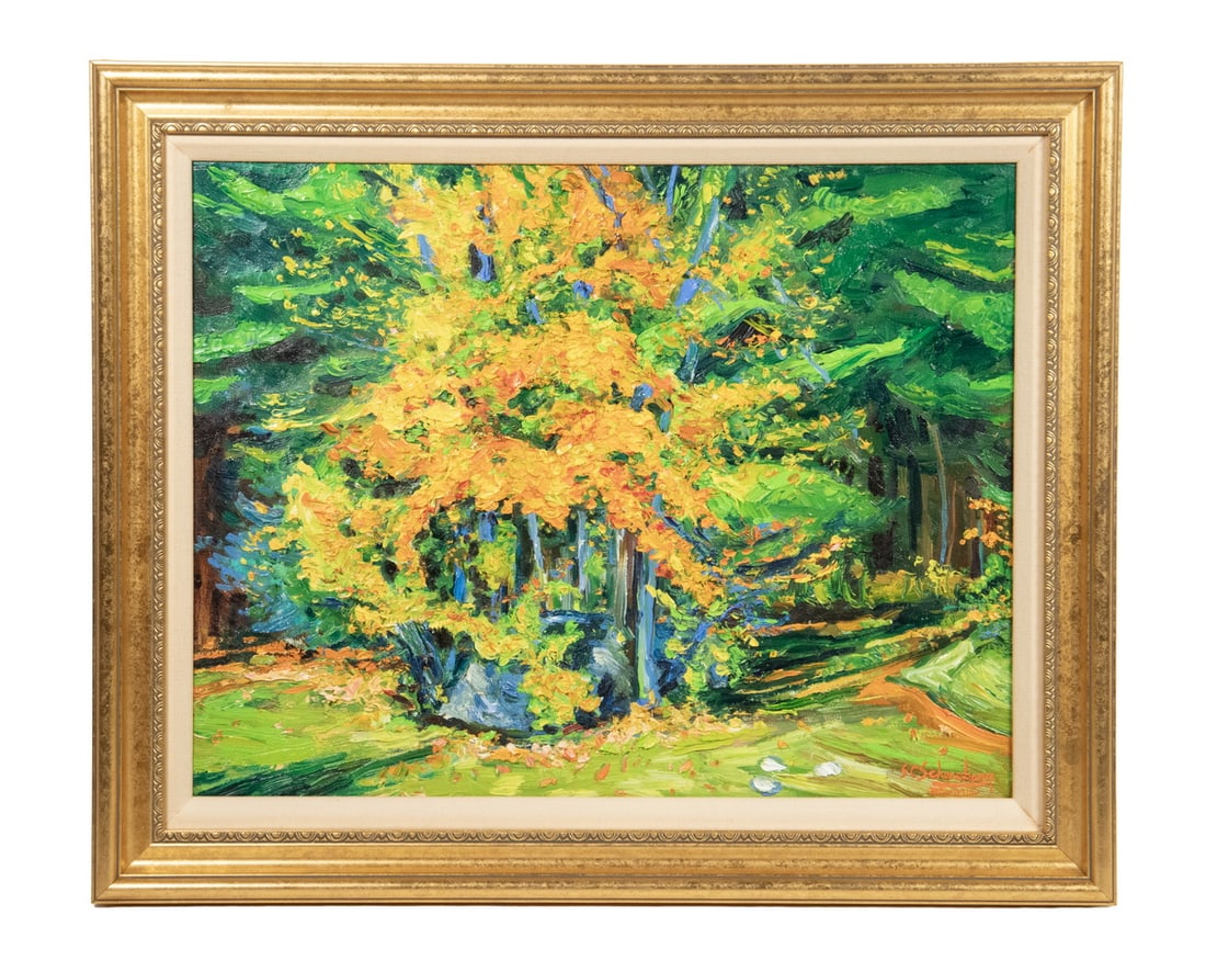 SHELDON C. SCHONEBERG (ME/IL/CA/ITALY, 1926-2012): SHELDON C. SCHONEBERG (ME/IL/CA/ITALY, 1926-2012) Autumn Maple in Pines, impasto oil on canvas, signed lower right, in gold molded cove frame with linen liner. Provenance: Dorothy S. Osher Trust OS: 1