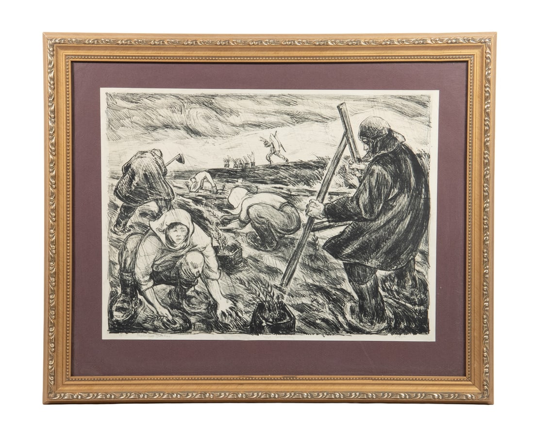 SHELDON C. SCHONEBERG (ME/IL/CA/ITALY, 1926-2012): SHELDON C. SCHONEBERG (ME/IL/CA/ITALY, 1926-2012) "Replanting Bashan", stone lithograph, pencil signed and titled, numbered 16/20. In gold molded frame, matted under glass. Inscribed verso; "Here is
