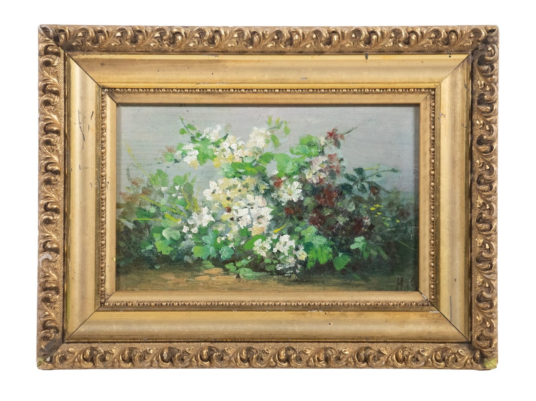 EUGENE HENRI CAUCHOIS (FRANCE, 1850-1911): EUGENE HENRI CAUCHOIS (FRANCE, 1850-1911) Miniature Floral Still Life, oil on panel, initialed lower right, inscribed "H. Cauchois" in pencil verso, in gold gesso panel frame. Provenance: Dorothy S.