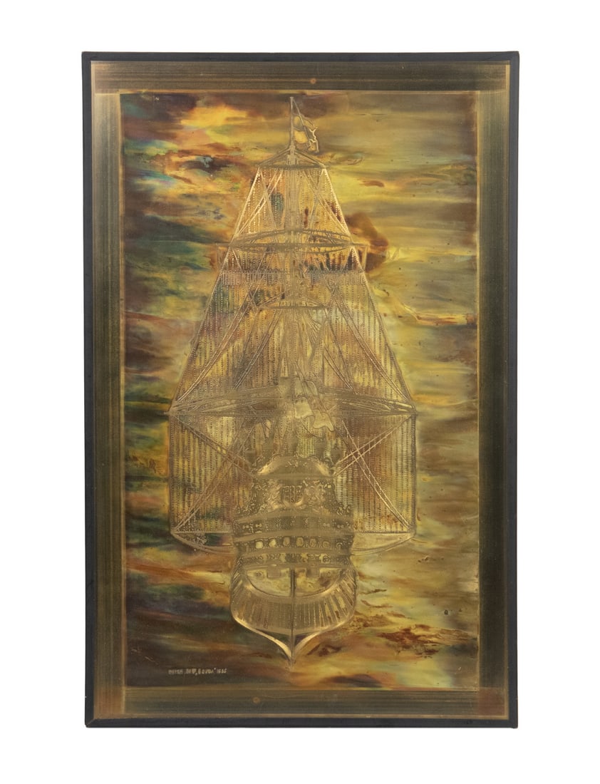 BERNHARD E. ROHNE, M.D. (GERMANY/CANADA, 1944 -): BERNHARD E. ROHNE, M.D. (GERMANY/CANADA, 1944 - ) "Dutch Ship 'Gouda', 1665", etched and acid treated brass, titled lower left, label verso from artist indicates this is a reproduction, although real