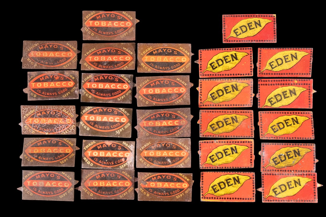 (27) RECTANGULAR TOBACCO TIN TAGS, INCLUDING MAYO S AND EDEN: (27) RECTANGULAR TOBACCO TIN TAGS, INCLUDING MAYO S AND EDEN A group of 27 antique tin tobacco tags comprising two distinct rectangular designs. (16) Mayo s Tobacco, printed with a black and orange
