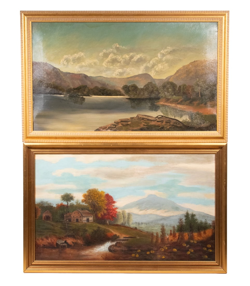 (2) PRIMITIVE NEW ENGLAND LANDSCAPES: (2) PRIMITIVE NEW ENGLAND LANDSCAPES A Mountain Lake Scene and a Farm in Autumn in the Mountains with cornstacks and pumpkins in the field, oil on canvas, unsigned, in two different gold frames of sim