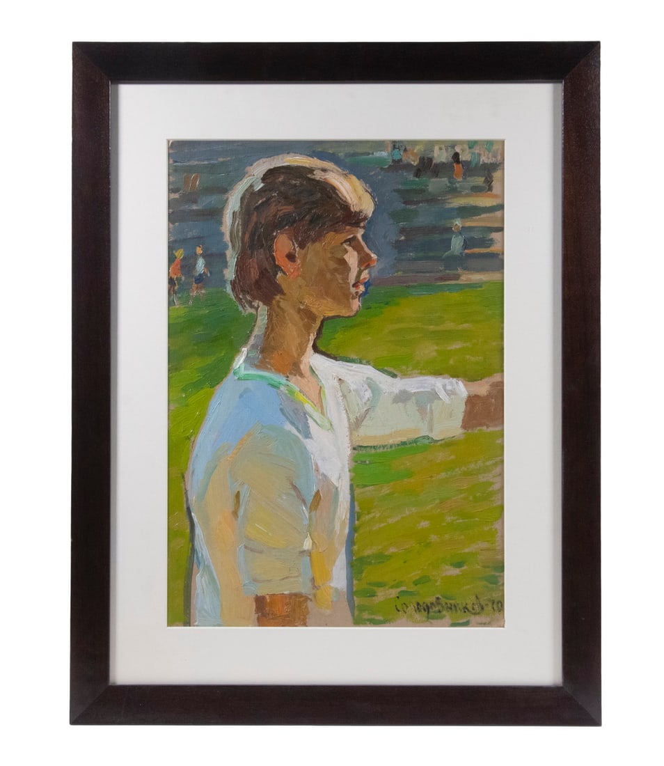 CAROLINE BUNKER (20TH C. MAINE): CAROLINE BUNKER (20TH C. MAINE) Young Soccer Player, acrylic on board, signed lower right, in modern dark walnut frame, matted under UV plexi. OS: 27 x 21 in. (68.6 x 53.3 cm.), SS: 19 1/2 x 13 1/2