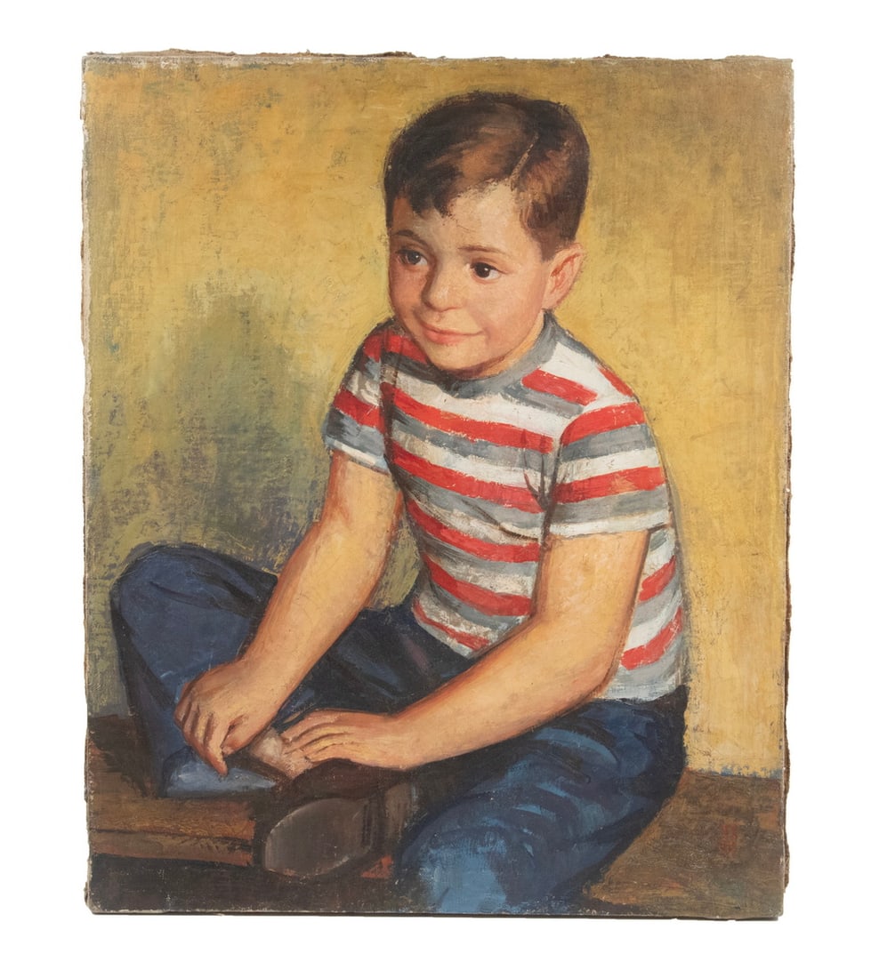 1950'S PORTRAIT OF BOY, US EMBASSY, LIMA, PERU, UNFRAMED: 1950'S PORTRAIT OF BOY, US EMBASSY, LIMA, PERU, UNFRAMED Seated Boy in Striped Shirt, oil on canvas, initialed "NR" lower right, typed label verso reads "United States Embassy Pro...', Lima, Peru."