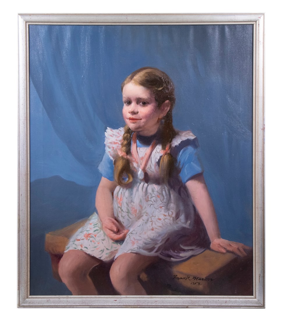 FRANK HERBERT MASON (NY/OH, 1921-2009): FRANK HERBERT MASON (NY/OH, 1921-2009) Looks Like Trouble, portrait of a young girl in a summer dress oil on canvas, signed lower right and dated 1952, in silver molded frame. Mason taught at the Art