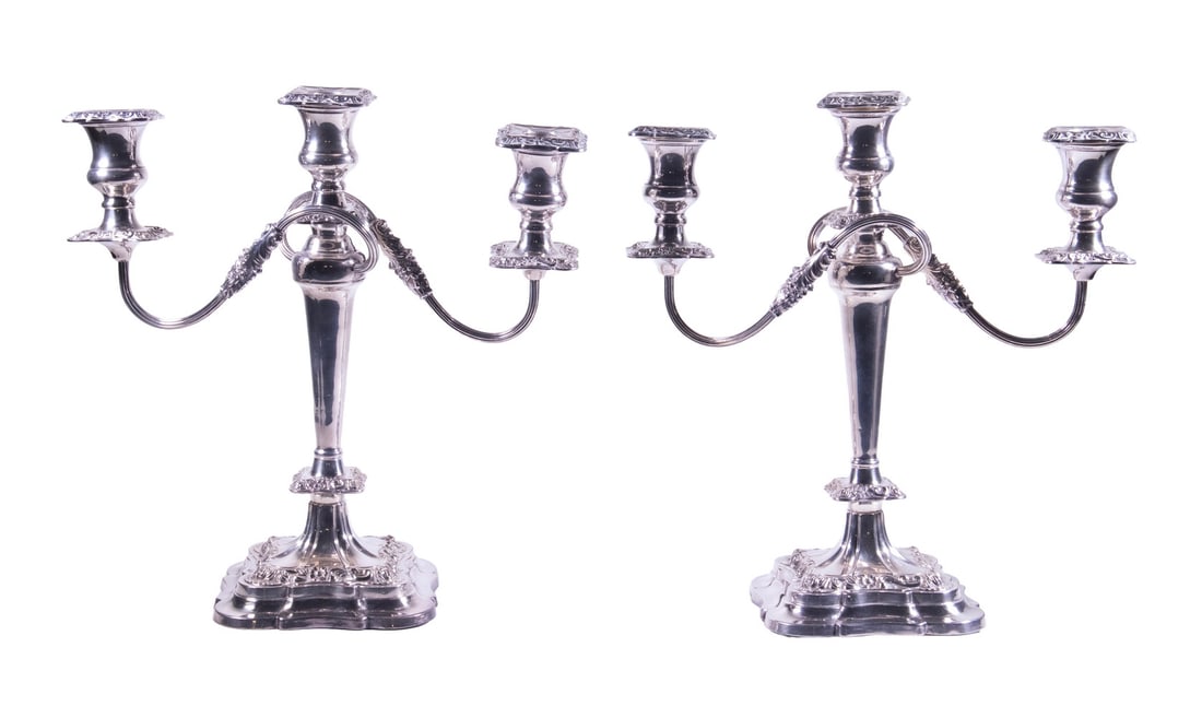 PAIR SILVER ON COPPER THREE-ARM CANDELABRA (1 of 2)