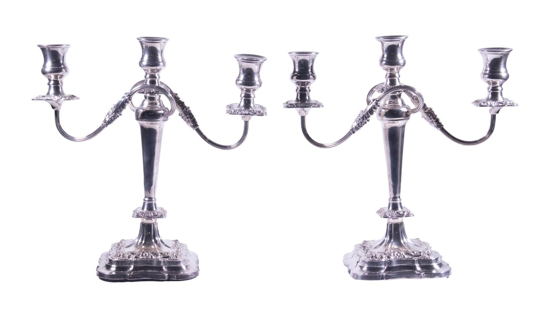 PAIR SILVER ON COPPER THREE-ARM CANDELABRA - 2