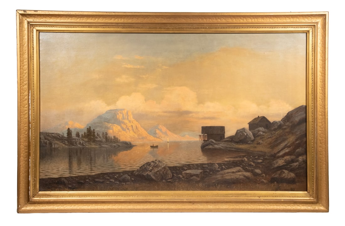 JOHN OLSON HAMMERSTAD (IL/NORWAY, 1842-1925): JOHN OLSON HAMMERSTAD (IL/NORWAY, 1842-1925) Norwegian Fjord, oil on canvas, signed lower right, in gold molded cove frame. Several repaired punctures. OS: 31 1/2 x 48 1/2 in. (80 x 123.2 cm.), SS: