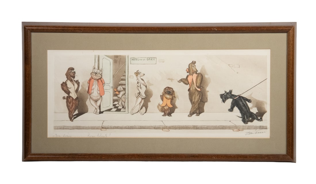 BORIS O'KLEIN (FRANCE, 1887-1983): BORIS O'KLEIN (FRANCE, 1887-1983) "Tu Viens Beau Blond - Hotel de la Gare", hand colored, pencil signed and titled, in mahogany bullnose frame, matted under non-glare glass. Provenance: Dorothy S.