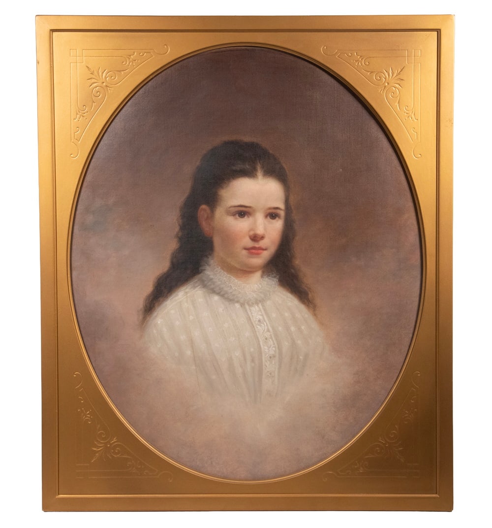 PAINTING OF AN ADOLESCENT GIRL: PAINTING OF AN ADOLESCENT GIRL Dark-haired, dark-eyed girl in white gown, depicted in a bank of clouds, as a memorial to a young child lost to illness, circa 1900, oval oil on canvas, set into a gold