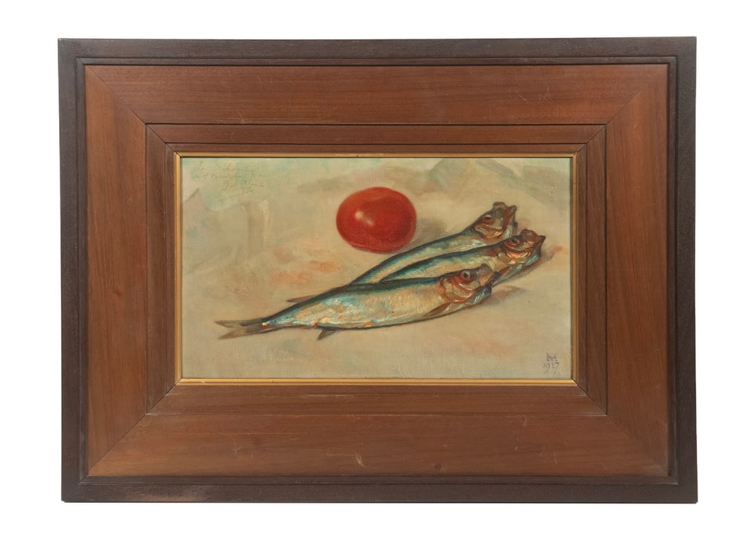 SMALL PAINTING OF FISH, INITIALED 'MH', 1927: SMALL PAINTING OF FISH, INITIALED 'MH', 1927 Three Sardines and a Tomato, oil on canvas, laid to board, monogram lower right with date, in mahogany and walnut mitered frame. OS: 14 x 20 in. (35.6 x