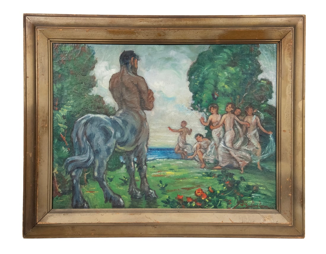 WILLIAM BRADFORD GREEN (NY/CT, 1871-1945): WILLIAM BRADFORD GREEN (NY/CT, 1871-1945) The Centaur, oil on canvas, signed lower right. In gold painted mitered frame. Relined, craquelure. OS: 23 x 29 1/2 in. (58.4 x 74.9 cm.), SS: 17 1/2 x 23