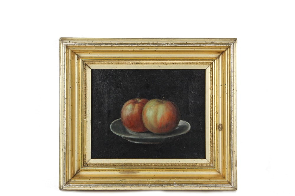 19TH C FOLK ART PAINTING: 19TH C. FOLK ART PAINTING Still Life of Two Apples on a Plate, signed lower right "John Stock, '61," in lemon gold molded deep cove frame. Cleaned and retouched. OS: 12 1/2 x 14 1/2 in. (31.8 x 36.8