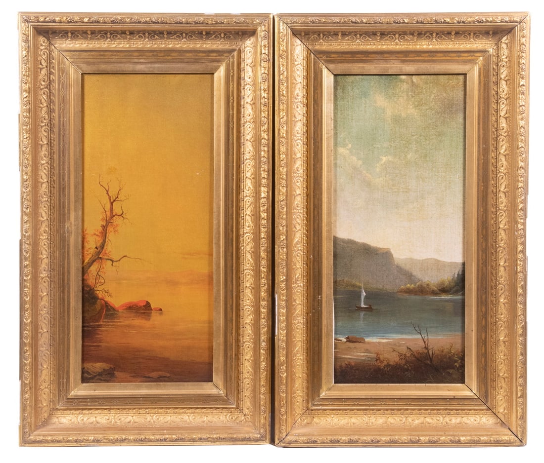 PAIR OF NAIVE SEASONAL PAINTINGS: PAIR OF NAIVE SEASONAL PAINTINGS Landscapes of Summer and Autumn, both lake views, oil on canvas, circa 1890, in ornate gilt gesso frames. Cleaned. Each OS: 21 x 12 in. (53.3 x 30.5 cm.), Each SS: 15