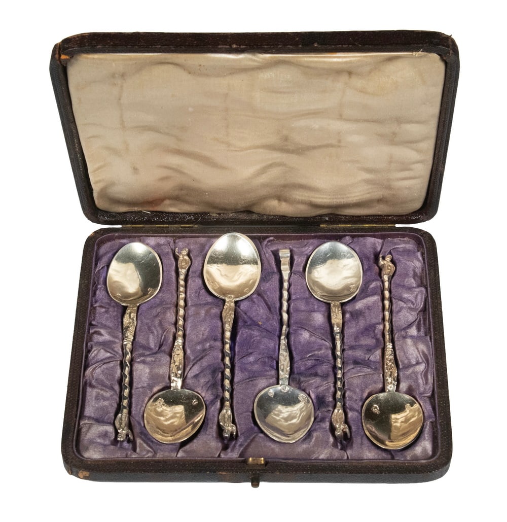 CASED SET OF DUTCH STERLING SILVER SPOONS: CASED SET OF DUTCH STERLING SILVER SPOONS Set of (6) Dutch 934-Silver Figural Spoons, the bowls with 1890 date letter and export mark, each underside is stamped with Hanau and UK import marks (for
