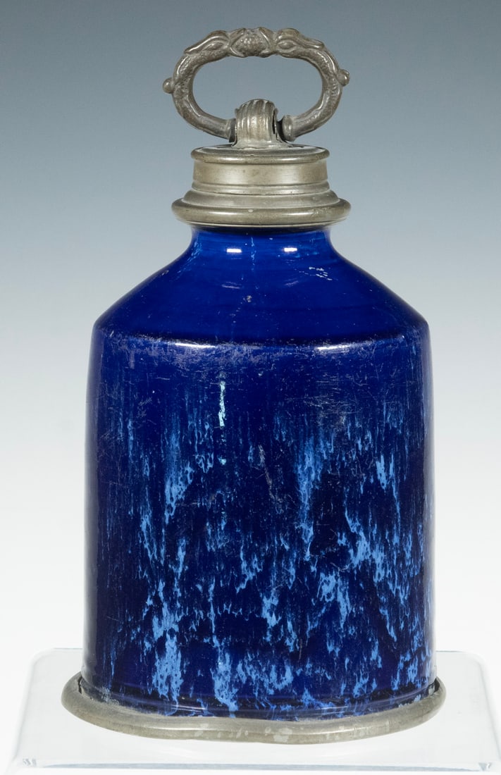 BLUE GLAZED STONEWARE JAR WITH PEWTER MOUNTS, POSSIBLY EUROPEAN (1 of 2)